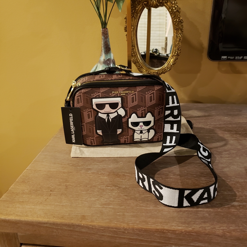 Karl Lagerfeld Brown Geometric Crossbody Camera Bag Black & White Strap NWT! - Picture 5 of 5